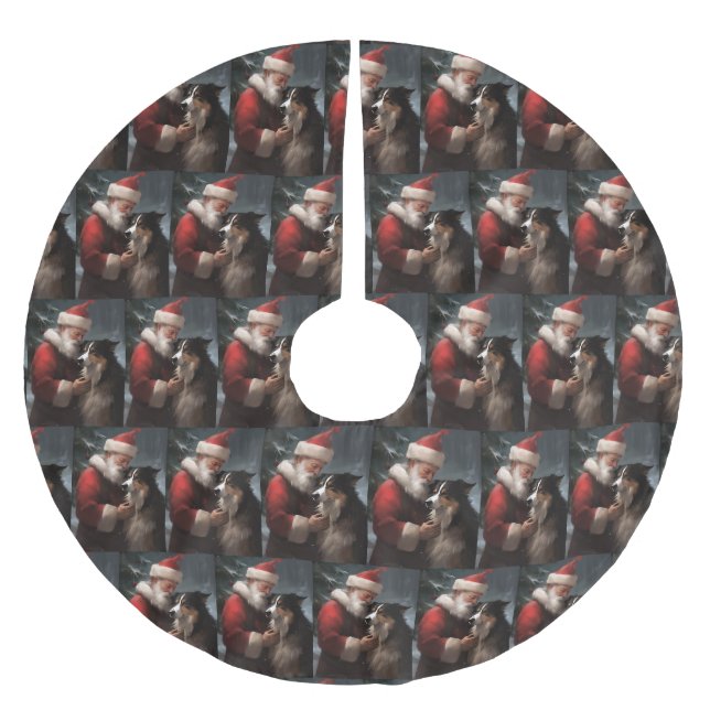Border Collie mit dem Weihnachtsmann Polyester Weihnachtsbaumdecke (Vorderseite)