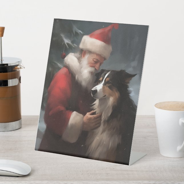 Border Collie mit dem Weihnachtsmann Sockelschild (In SItu)