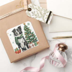 Border Collie mit festlichem Schal am Weihnachtsba Quadratischer Aufkleber