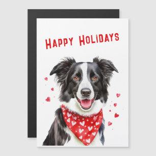 Border Collie mit rotem Herz-Halstuch Weihnachtska Magnetkarte