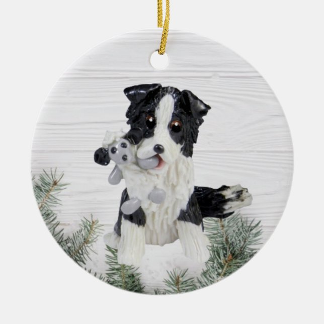 Border Collie mit Sheep Christmas Ornament (Vorne)