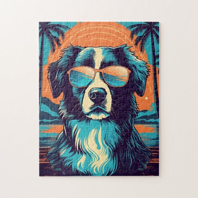 Border Collie mit Sonnenbrille an einem tropischen (Vertikal)
