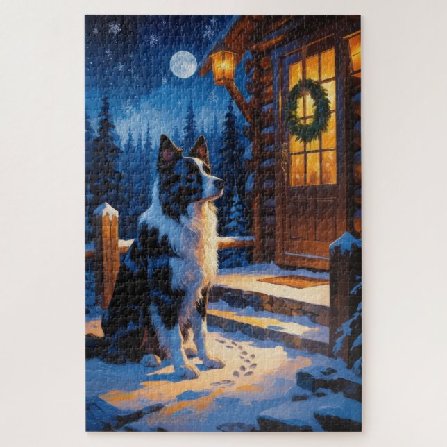 Border Collie mit Weihnachtslichtern Urlaub (Vertikal)