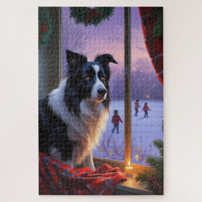 Border Collie mit Weihnachtslichtern Urlaub (Vertikal)