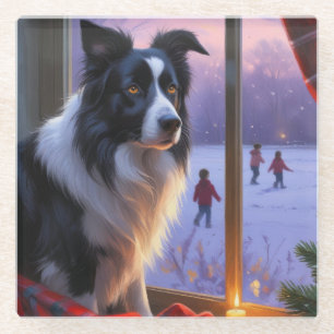 Border Collie mit Weihnachtslichtern Urlaub Glasuntersetzer