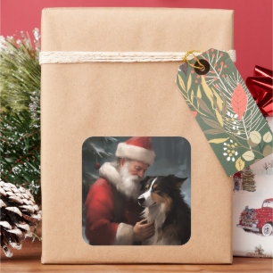 Border Collie mit Weihnachtsmann Festives Weihnach Quadratischer Aufkleber