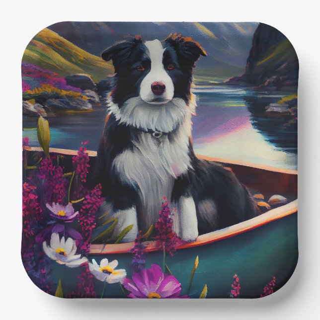 Border Collie on a Paddle: Ein Landschaftliches Ab Pappteller (Vorderseite)