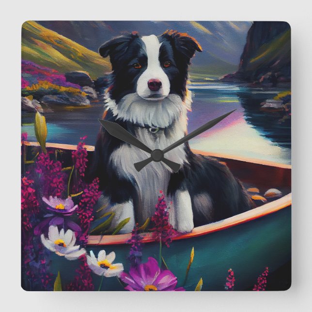 Border Collie on a Paddle: Ein Landschaftliches Ab Quadratische Wanduhr (Vorderseite)