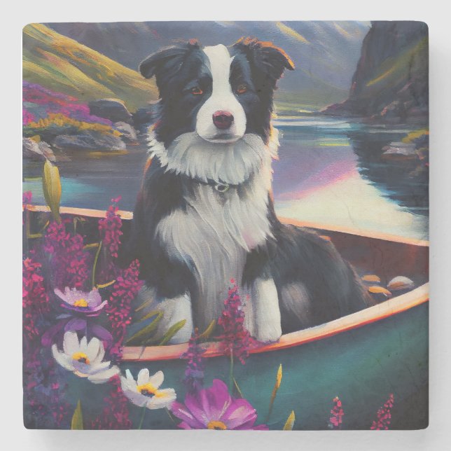 Border Collie on a Paddle: Ein Landschaftliches Ab Steinuntersetzer (Vorderseite)