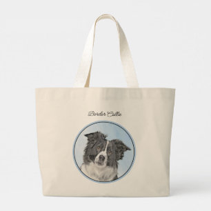 Border Collie Painting Rough Black & White Dog Art Jumbo Stoffbeutel