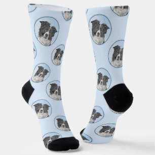 Border Collie Painting Rough Black & White Dog Art Socken
