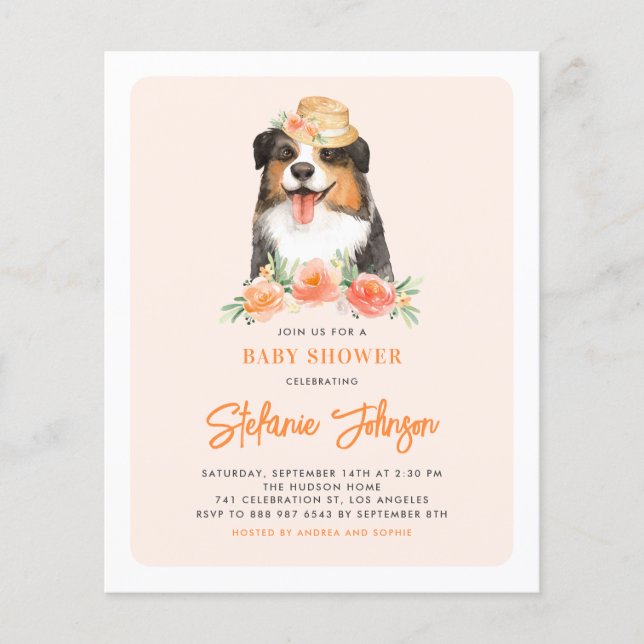 Border Collie Peach Floral Baby Dusche Einladung (Vorderseite)
