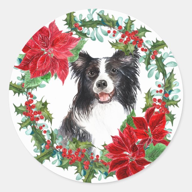 Border Collie Poinsettia Holly Holiday Wreath Runder Aufkleber (Vorderseite)