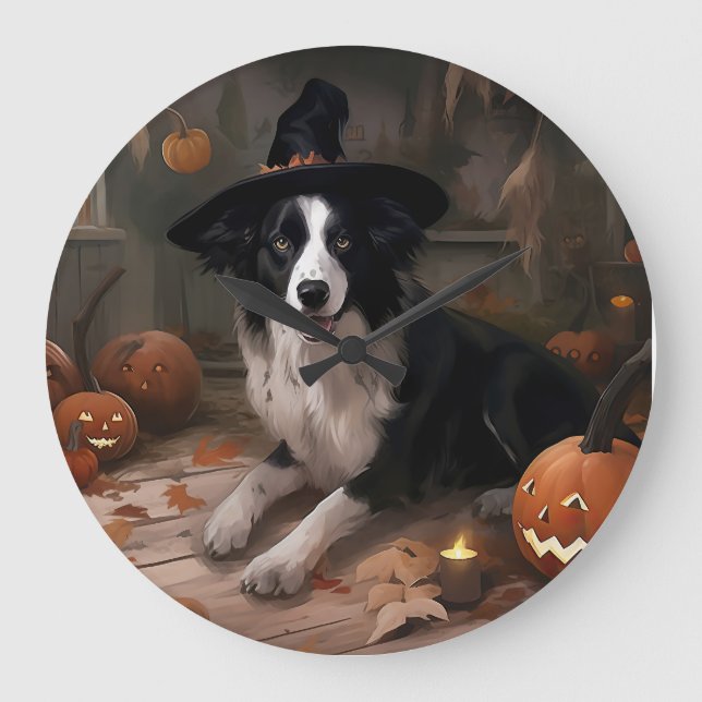 Border Collie Pumpkins Halloween Beängstigend Große Wanduhr (Vorderseite)