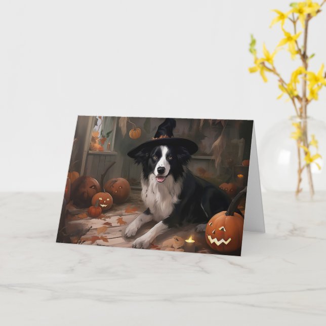 Border Collie Pumpkins Halloween Beängstigend Karte (Gelbe Blume)