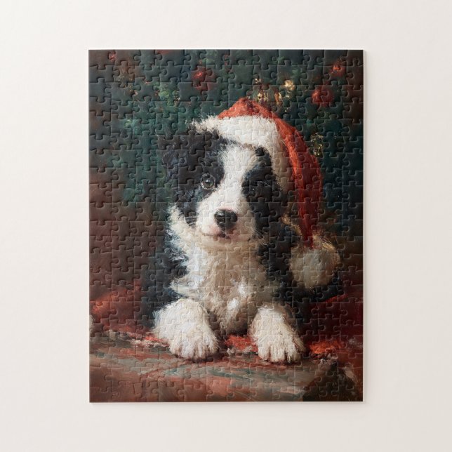 Border Collie Puppy Christmas Painting Jigsaw Pu (Vertikal)