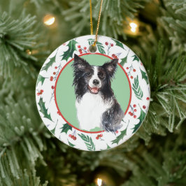 Border Collie Red Berry Holly Border Keramik Ornament
