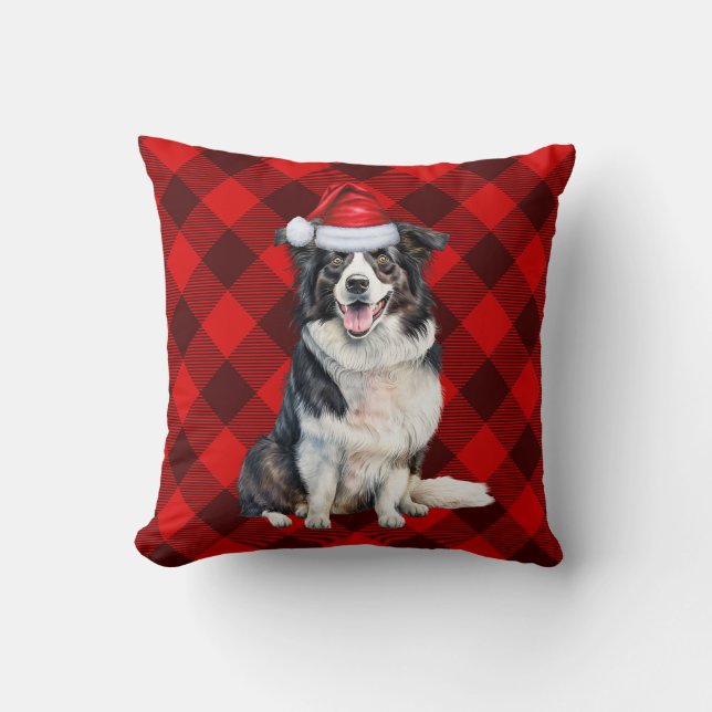 Border Collie Red Buffalo Karierter Weihnachtshund Kissen (Vorderseite)