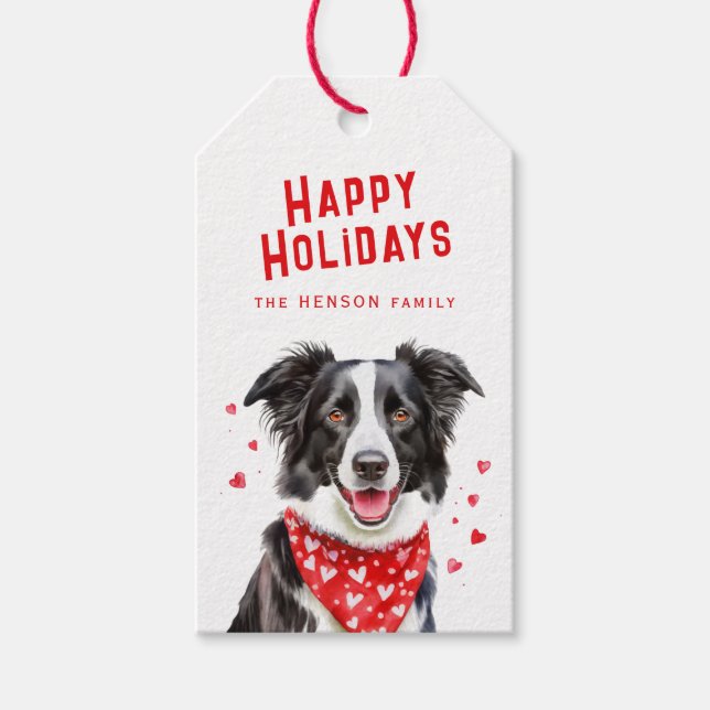 Border Collie Red Heart Bandana Weihnachten Geschenkanhänger (Vorderseite)