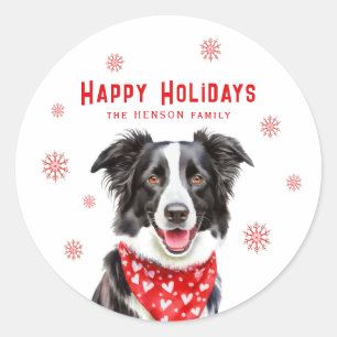 Border Collie rotes Herz-Bandana Weihnachtsfoto Runder Aufkleber