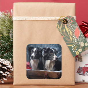 Border Collie Schnee-Schlitten Weihnachtsdekoratio Quadratischer Aufkleber