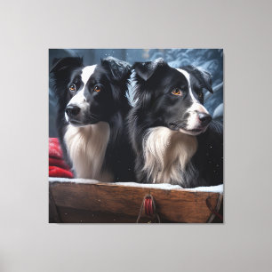 Border Collie Schneebedeckter Schlitten Weihnachts Leinwanddruck