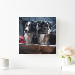 Border Collie Schneebedeckter Schlitten Weihnachts Quadratische Wanduhr