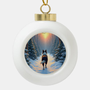 Border Collie Schneewald Spaziergang Urlaubsbild Keramik Kugel-Ornament