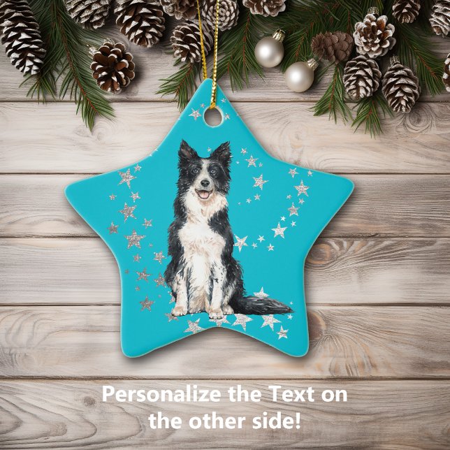 Border Collie Silver Stars Aquamarin Weihnachten Keramik Ornament (Von Creator hochgeladen)