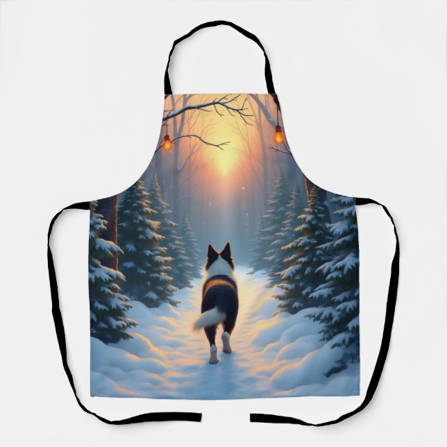 Border Collie Snowy Forest Walk Holiday Painting Schürze (Vorderseite)