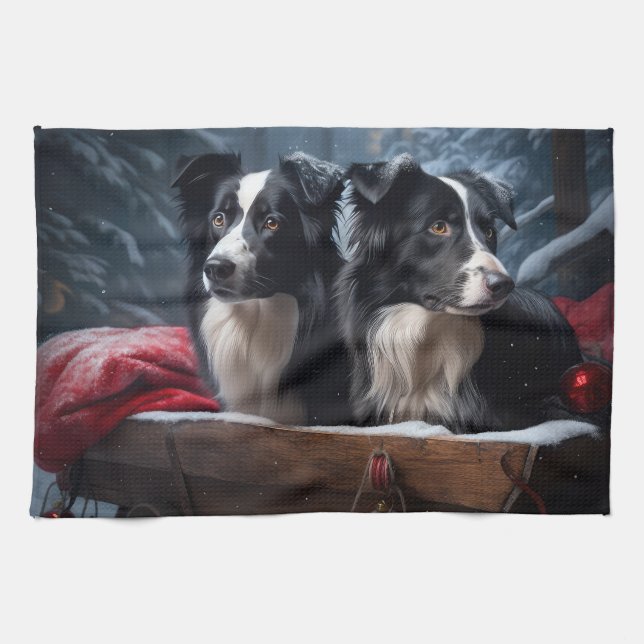 Border Collie Snowy Sleigh Weihnachtsdekor Geschirrtuch (Horizontal)