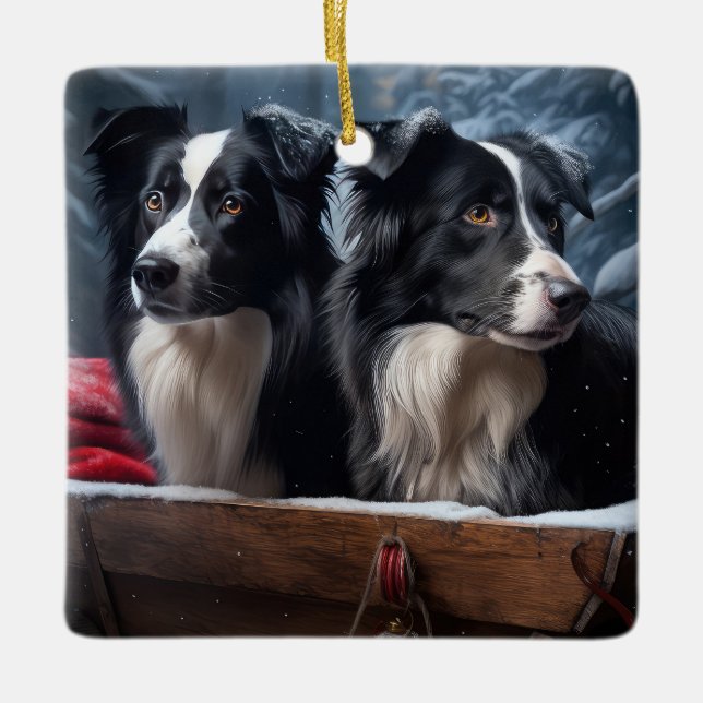 Border Collie Snowy Sleigh Weihnachtsdekor Keramikornament (Vorderseite)