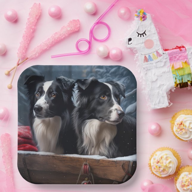 Border Collie Snowy Sleigh Weihnachtsdekor Pappteller (Party)
