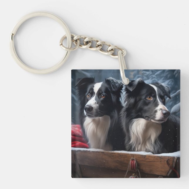 Border Collie Snowy Sleigh Weihnachtsdekor Schlüsselanhänger (Vorderseite)