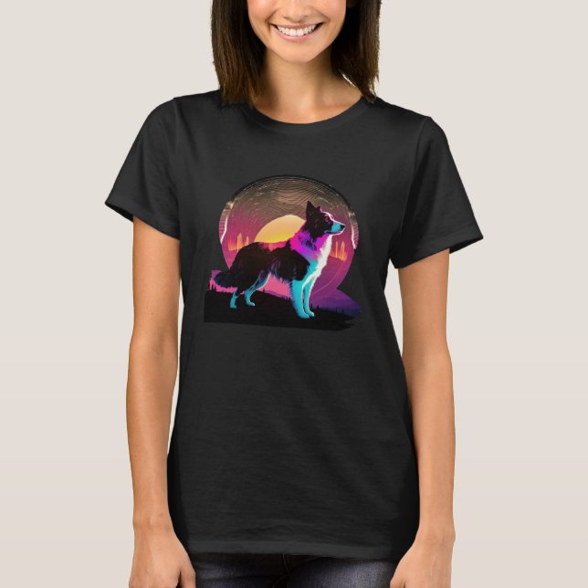 Border Collie Synthwave 80er Retrowave-Ästhetik T-Shirt (Vorderseite)