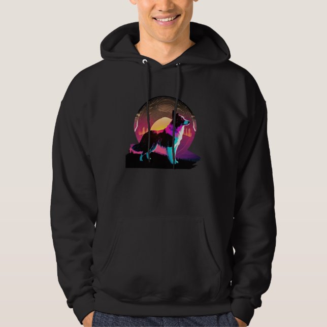 Border Collie Synthwave 80s Retrowave Aesthetic Hoodie (Vorderseite)