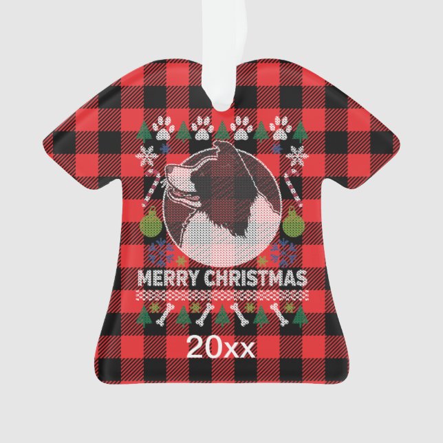Border Collie Ugly Christmas Sweater Red Kariert Ornament (Vorderseite)