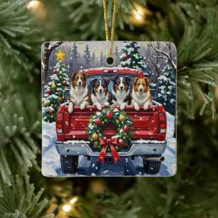 Border Collie Weihnachten Rotes Lastwagen Ferien Keramikornament