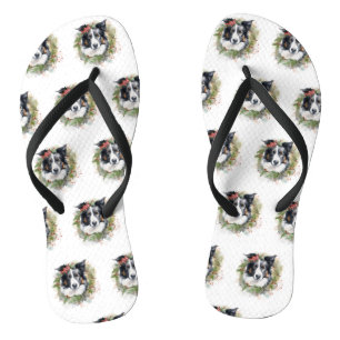 Border Collie Weihnachts-Kranz Festlicher Hund Flip Flops