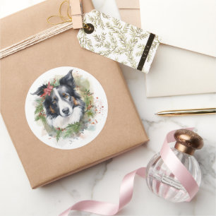 Border Collie Weihnachts-Kranz Festlicher Hund Runder Aufkleber