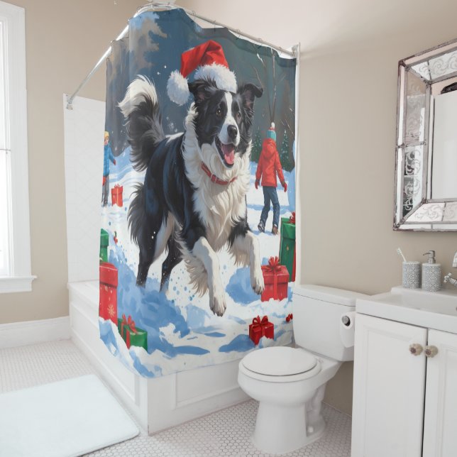 Border Collie Weihnachts-Schneeszene Duschvorhang (Beispiel)