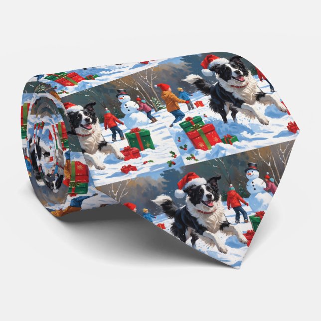 Border Collie Weihnachts-Schneeszene Krawatte (Gerollt)