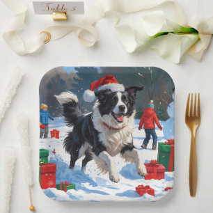 Border Collie Weihnachts-Schneeszene Pappteller
