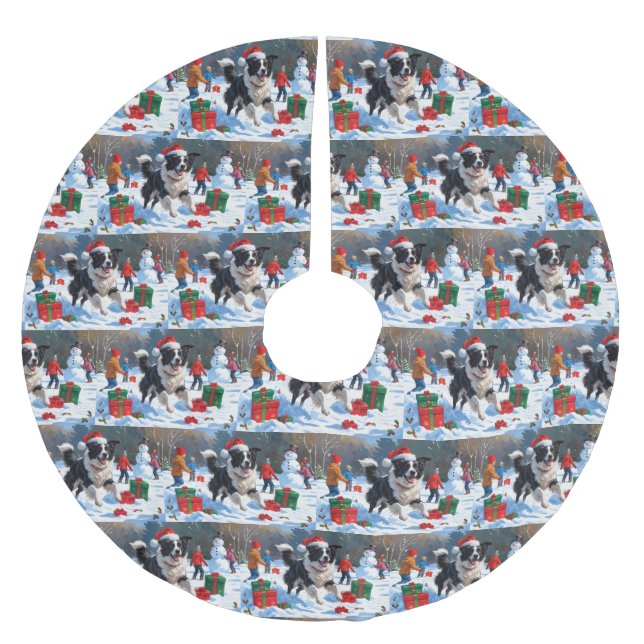 Border Collie Weihnachts-Schneeszene Polyester Weihnachtsbaumdecke (Vorderseite)