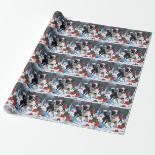 Border Collie Weihnachtsfestliche Schneeszene Geschenkpapier