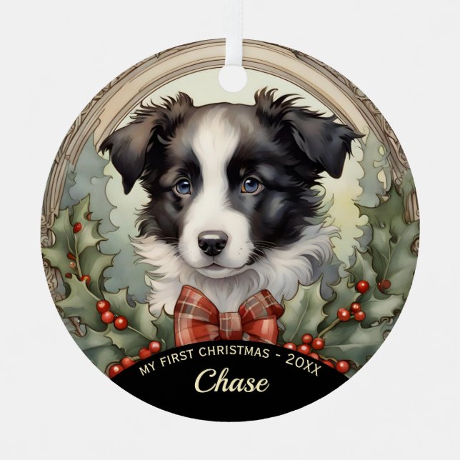 Border Collie Welppy's First Christmas Ornament (Vorderseite)