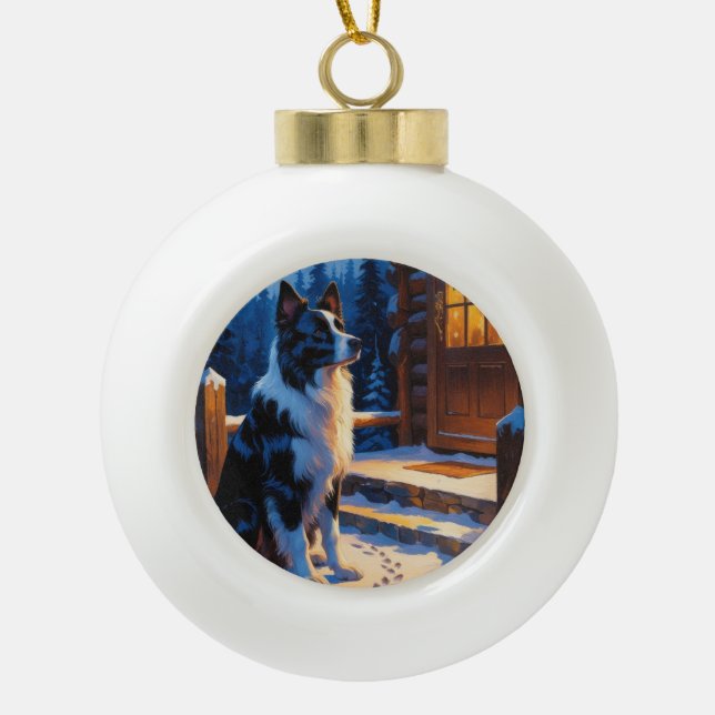 Border Collie With Christmas Lights Holiday Keramik Kugel-Ornament (Vorderseite)