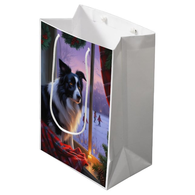 Border Collie With Christmas Lights Holiday Mittlere Geschenktüte (Vorderseite Schrägansicht)