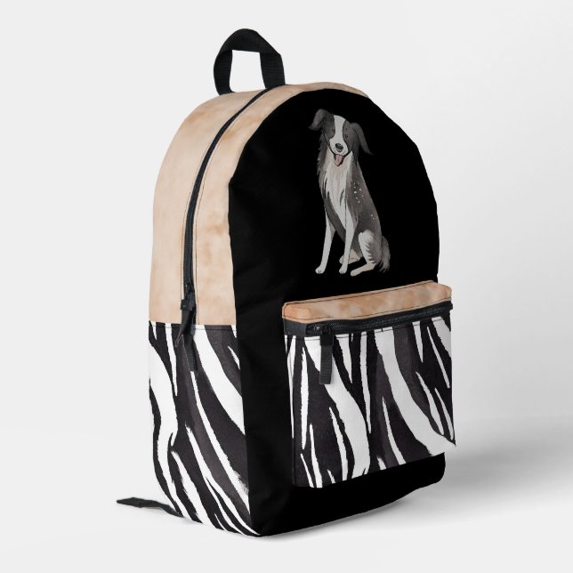 Border Collie Zeichnend Hund Schwarz-weißes Pelzmu Bedruckter Rucksack (Rückseitige Ecke links)