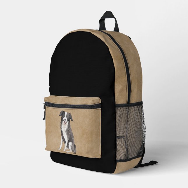 Border Collie Zeichnend Rustikal Beige Black Bedruckter Rucksack (Rückseitige Ecke Rechts)